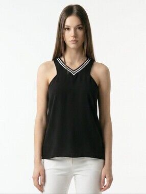 Express Black V-Neck Tank Top with White Stripe Trim